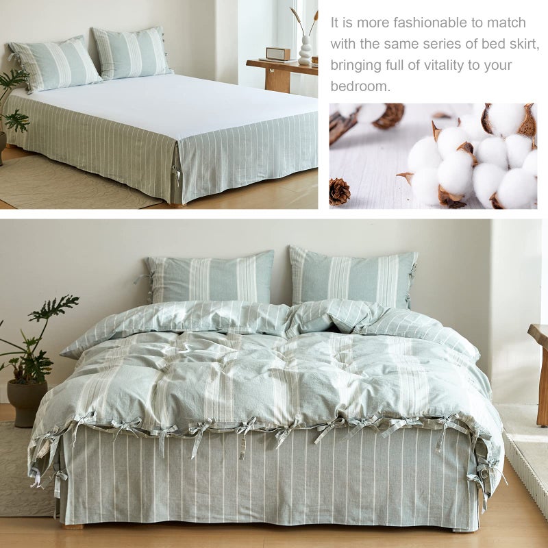 BISELINA Striped Duvet Cover Set 3pcs 100% Washed Cotton Linen Like Textured with Bowknot Bow Ties Strap Reversible Breathable Soft Comfy Chic Yarn Dyed Bedding (Queen, Grayish Green) - Image 5